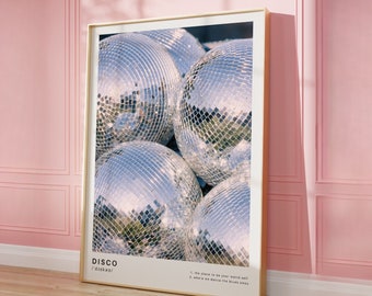 Preppy Disco Ball Print Silver Mirrorball Wall Art Shiny Disco Poster Disco Definition Print Trendy Photography Art Instant Digital Download
