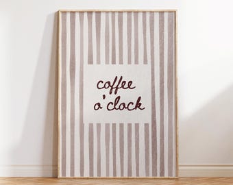 Väggkonst för kök med kaffeklocka, neutralt kaffetryck, typografisk affisch för café, minimalistisk köksinredning, mysig kaffeväggkonst, digital nedladdning