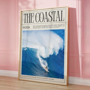 Portada de revista con estampado costero, arte mural, arte costero preppy, arte mural surfero, estampado surfero estético, periódico de moda, descarga digital instantánea