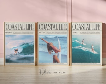 Surf Wall Art Set of 3 Prints Coastal Cowgirl Magazine Trendy Coastal Art Surfer Girl Poster Trendy Newspaper Art Instant Digital Download