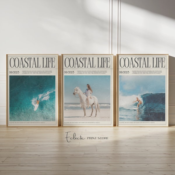 Coastal Cowgirl Bundle of 3 Prints Beachy Magazine Cover Art Preppy Coastal Wall Art Surf Wall Art Trendy Newspaper Instant Digital Download