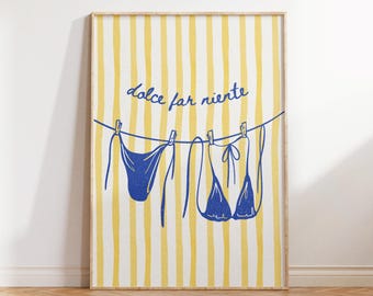 Dolce Far Nientes väggkonst trendig tvättlina illustration medelhavskustdekor gulrandigt tryck italiensk sommarkonst digital nedladdning