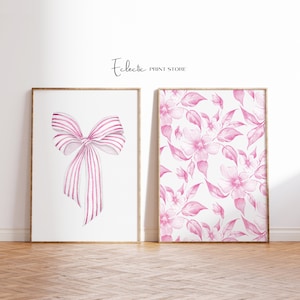 Coquette Wall Art Set of 2 Pink Vintage Prints Coastal Granddaughter Prints Love Shack Fancy Bow Print Chinoiserie Decor Digital Download