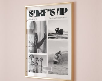Surf Magazine Cover Vintage Coastal Decor Trendy Surf's Up Print Retro Black White Poster Beachy Newspaper Print Instant Digital Download
