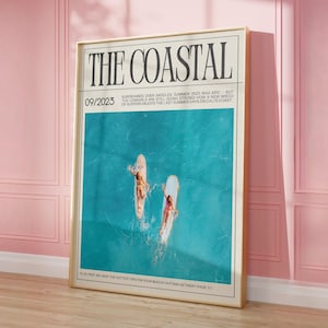 Arte de pared de vaquera costera, portada de revista playera, impresión de periódico de moda, decoración de dormitorio playero, arte de pared de surf femenino, descarga digital instantánea