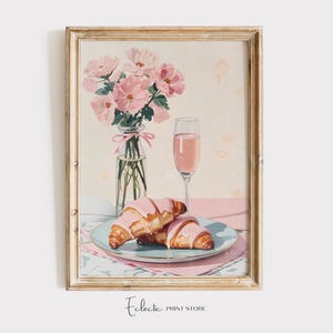 Coquette Kitchen Print Trendy Oil Painting Still Life Croissant And Champagne Wall Art Girly Bar Cart Print Bow Print Print Digital Download