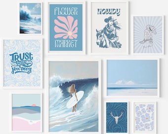 Coastal Cowgirl Wall Art Set of 10 Prints Surf Wall Art Baby Blue and Pink Coastal Decor Eclectic Beach Gallery Instant Digital Download