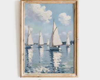 Sailboat Print Vintage Nautical Wall Art Pastel Summer Painting Rustic Oil Painting Antique Beach House Poster Ocean Decor Digital Download