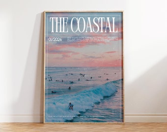 Capa de revista de surf, estampa costeira moderna, arte de parede vintage de surf, pôster de jornal estilo preppy, arte de parede de cowgirl costeira, download digital instantâneo.