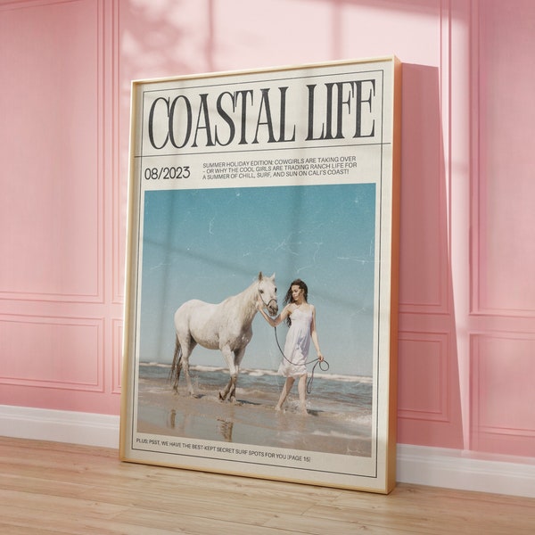 Coastal Cowgirl Wall Art Magazine Cover Print Beachy Dorm Room Decor Preppy Coastal Wall Art Trendy Newspaper Print Instant Digital Download