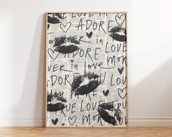 Kiss Lips Art Print: Black & White Retro Love Poster (Digital Download)