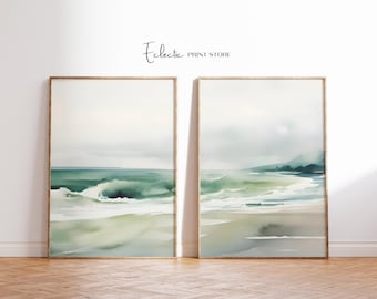Set of Two Coastal Watercolor Gallery Wall Beach Ocean Print Set of 2 Softness Art Print Instant Digital Download
