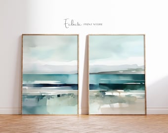 Abstract Watercolor Painting Set of 2 Prints Coastal Water Color Ocean Print Set of Two Abstract Sea Print Instant Digital Download