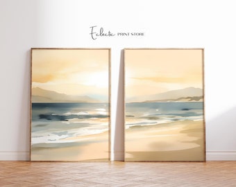 Set of Two Coastal Watercolor Seascape Print Pastel Ocean Print Set of 2 Softness Art Print Instant Digital Download