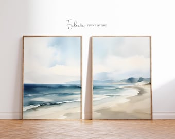 海岸の水彩画プリントセット：ビーチの海景アート（デジタルダウンロード）