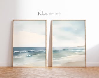 Beach Watercolor Print Set: Coastal Living Room Wall Art (Digital Download)