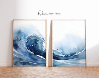 Watercolor Waves Print Set of Two Coastal Ocean Wall Art Ombre Blue Set of 2 Softness Art Print Instant Digital Download