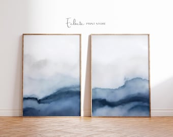 Blue Watercolor Wave Print Set: Minimalist Softness Art (Digital Download)