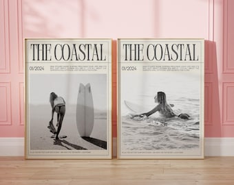 Coastal Newspaper Set of 2 Prints Beachy Magazine Cover Preppy Coastal Wall Art Surfer Girl Print Trendy Newspaper Instant Digital Download