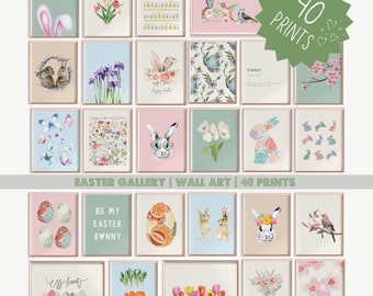 Easter Gallery Wall Art Set of 40 Prints Bunny Floral Spring Decor Pastel Nursery Wall Art Cottagecore Easter Print Bundle Digital Download