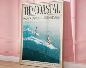 Arte de parede com tema de surfistas, estampa de cowgirl costeira, arte de capa de revista preppy, estampa de jornal moderna, decoração feminina para quarto de estudante, download digital instantâneo.