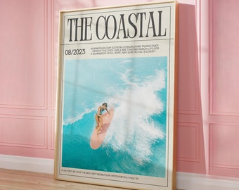 Capa de revista de arte de parede de cowgirl costeira, impressão de jornal moderno, arte de parede de surf, arte costeira elegante, cowgirl, estética, download digital instantâneo