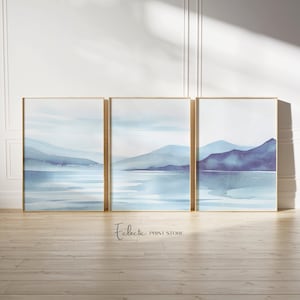 Conjunto de 3 impressões em aquarela à beira-mar, arte de parede costeira temperamental, galeria de verão, arte de linha costeira, impressão de arte de parede tríptica, download digital instantâneo