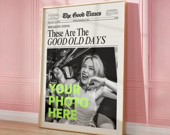 Anpassat tidningstryck Goda gamla dagar Personlig tidningspappersaffisch Söt present till rumskamrater Trendig väggkonst för studenthem DIGITAL NEDLADDNING