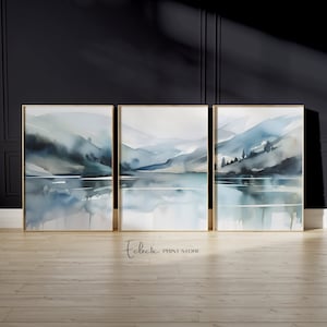Mountain Lake Watercolor Print Set: Misty Landscape Triptych (Digital Download)