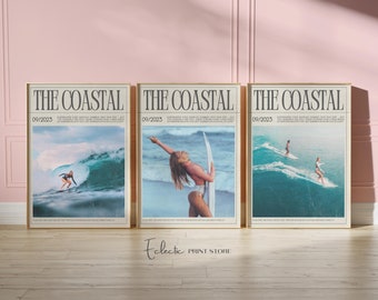 Conjunto de 3 pôsteres de arte de parede com tema de surf, inspirados na revista Coastal Cowgirl, com arte costeira moderna, pôster de garota surfista e arte inspirada em jornal. Download digital instantâneo.