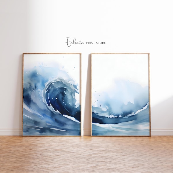 Watercolor Waves Print Set of Two Coastal Ocean Wall Art Ombre Blue Set of 2 Softness Art Print Instant Digital Download