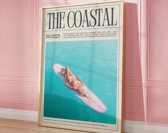 Arte de parede feminina com tema de surf, estética de cowgirl costeira, estilo preppy, impressão de capa de revista, arte de parede praiana, impressão moderna de jornal, download digital instantâneo.