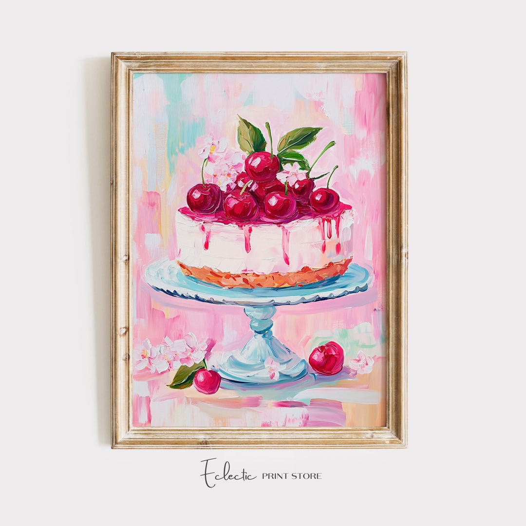 Cherry Cake Dessert Print Pink Kitchen Wall Art Sweet Pink Bakery ...