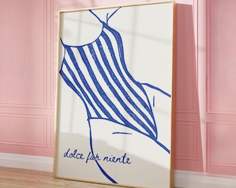 Dolce Far Nientes väggkonst Medelhavsbaddräkt Illustration Blå linjekonst Kustväggdekor Italiensk sommar Utskrivbar digital nedladdning
