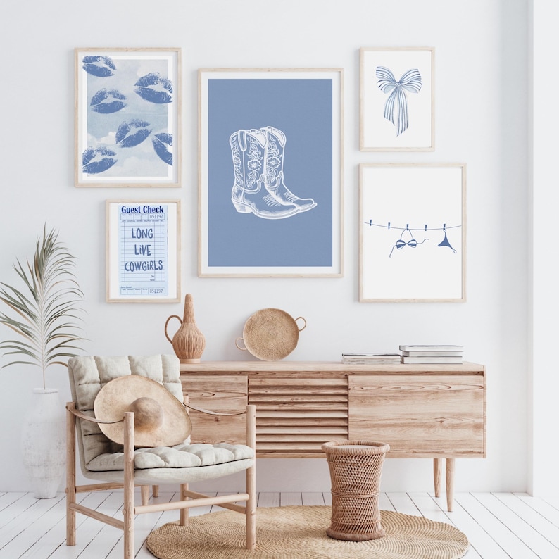 Coastal Cowgirl Wall Art Set of 15, Western Beach Aesthetic Prints, Blue Boho Cowgirl Posters, Coquette Coastal Wall Decor, Digital Download image 3
