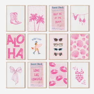 Coastal Cowgirl Wall Art Set of 12, Western Beach Aesthetic Prints, Pink Boho Cowgirl Posters, Coquette Coastal Wall Decor, Digital Download