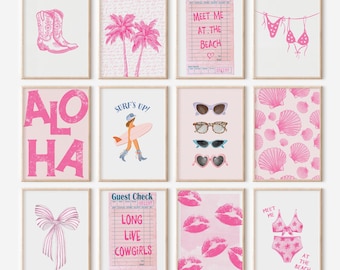 Set di 12 stampe da parete con tema "Coast Cowgirl", stampe con estetica western da spiaggia, poster rosa con tema "Boho Cowgirl", decorazioni da parete con tema "Coast Coquette", download digitale