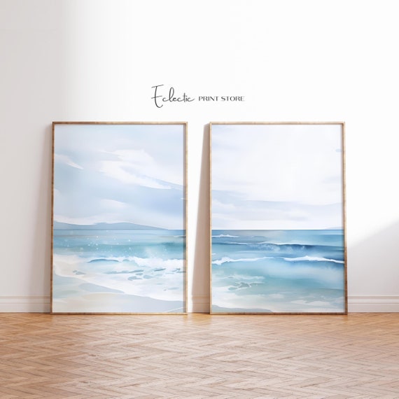 Set of Two Coastal Watercolor Ocean Print Set of 2 Watercolor Waves Print Softness Art Print Instant Digital Download
