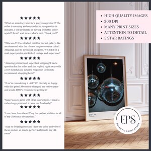 May include: A digital print of a disco ball with a white background and the text "DISCO" in black. The print is framed and hanging on a white wall. The image is surrounded by customer reviews and information about the print, including high-quality images, 300 DPI, many print sizes, attention to detail, and 5-star ratings.