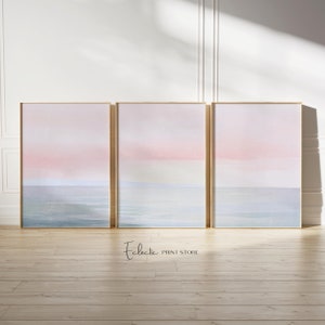 Sunset and Sea Set of 3 Prints Watercolor Coastal Art Blush Pink and Grey Tryptic Wall Art Soft Color Wall Art Instant Digital Download