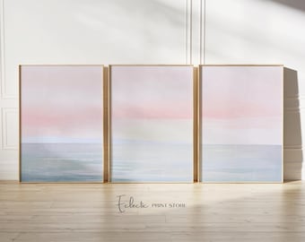 Sunset and Sea Set of 3 Prints Watercolor Coastal Art Blush Pink and Grey Tryptic Wall Art Soft Color Wall Art Instant Digital Download
