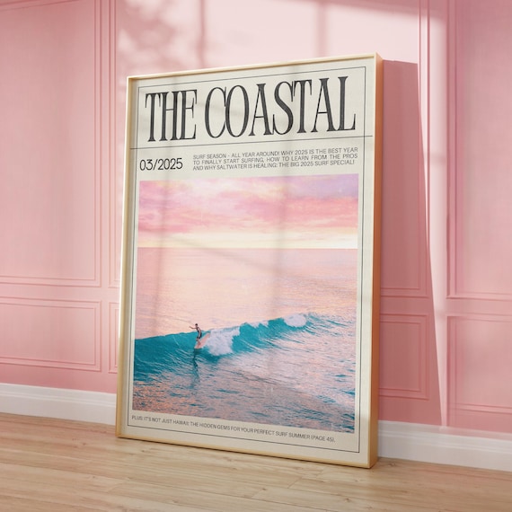 Coastal Wall Art Vintage Magazine Cover Retro Surf Room Decor Trendy Newspaper Poster Pink Sea And Sunset Print Surfer Gift Digital Download