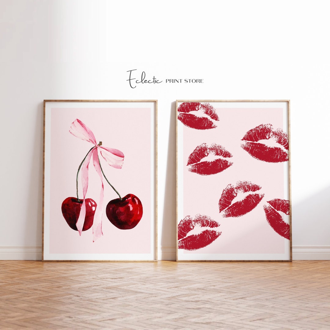 Coquette Wall Art Set of 2 Prints Cherry Poster Pink Bow Print Ma ...