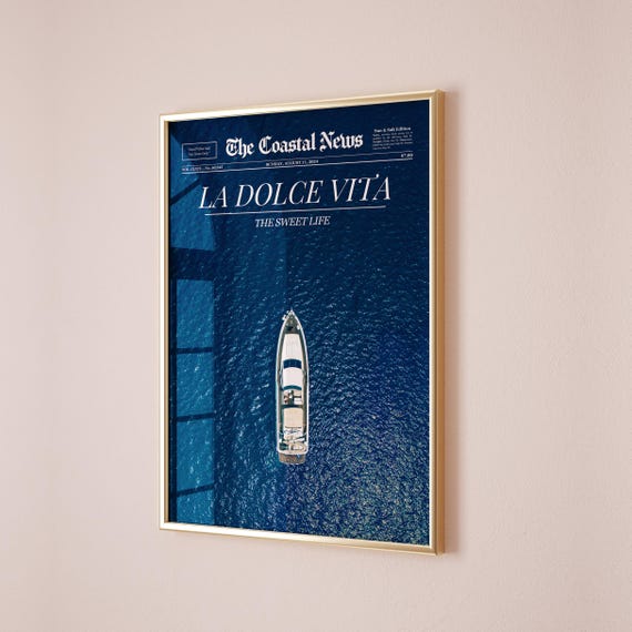 Dolce Vita Poster Preppy Yacht Print Trendy Newspaper Wall Art Blue Coastal Decor Old Money Aesthetic Summer Dorm Decor Digital Download