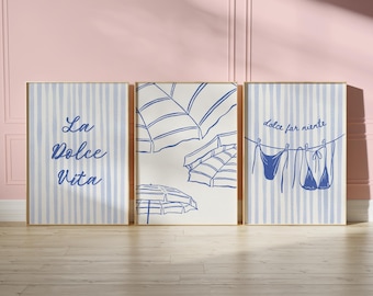 La Dolce Vita väggkonst set med 3 italienska kusttryck Medelhavsblå randig väggkonst Italiensk sommardekor Dolce Far Niente posterset
