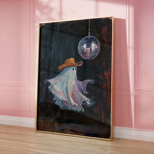 May include: A painting of a ghost wearing a cowboy hat and dancing in front of a disco ball. The ghost is white and translucent, and the disco ball is silver and reflective. The background is dark and shadowy.