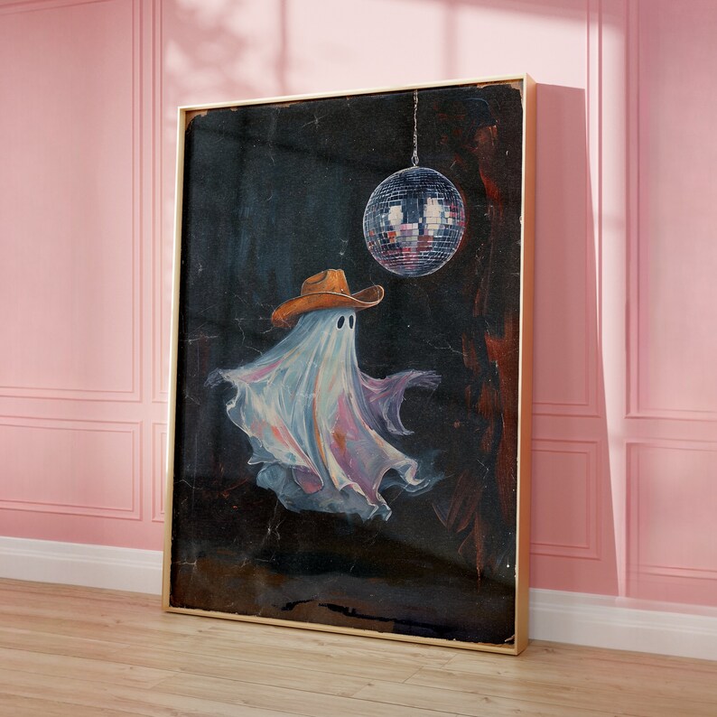 May include: A painting of a ghost wearing a cowboy hat and dancing in front of a disco ball. The ghost is white and translucent, and the disco ball is silver and reflective. The background is dark and shadowy.