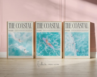 Coastal Surf Wall Art Set of 3 Prints Vintage Surf Magazine Poster Coastal Cowgirl Art Blue Beachy Wall Art Newspaper Decor Digital Download