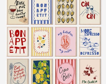Italienskt kök väggkonst set med 12 tryck Bon Appetit väggkonst citron körsbär vin pasta posters retro matgalleri direkt digital nedladdning