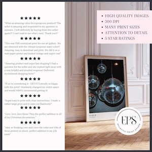 May include: A digital print of a disco ball with a white background and the text "DISCO" in black. The print is framed and hanging on a white wall. The image also includes customer reviews and information about the print's quality, size, and shipping.